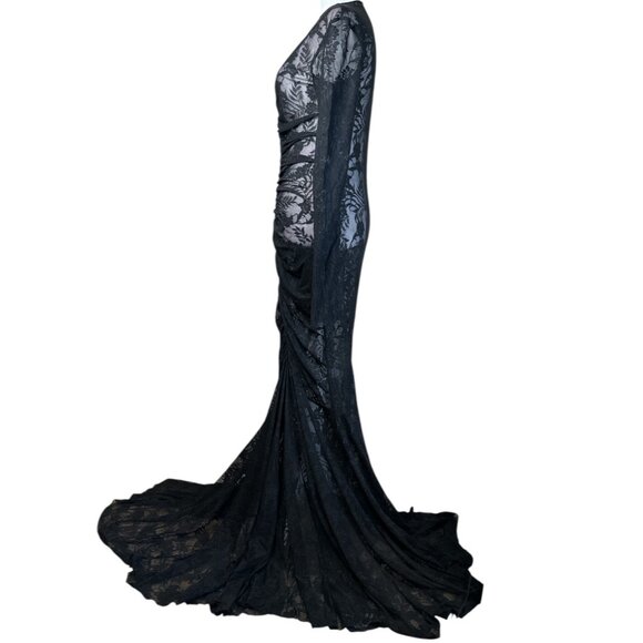 Norma Kamali Long Sleeve V Neck Shirred Front Fishtail Gown in Black Medium New - Picture 6 of 16